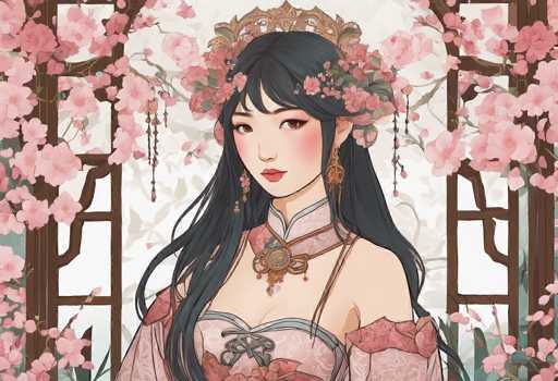 This image portrays a detailed, computer-generated illustration of an Asian woman with long, dark hair adorned with pink flowers and green leaves. She wears a gold crown and large, dangling earrings, and her attire is a pink dress with intricate designs, including a gray bow at the center and a strap over her left shoulder. The background features a white wall with a brown wooden frame, and cherry blossom trees on either side, their branches extending towards the center and adorned with pink blossoms. The woman's expression is serene, with her head slightly tilted to the right, and she gazes directly at the viewer. The overall composition is rich in detail, with the pink blossoms and green leaves adding a vibrant touch to the scene.