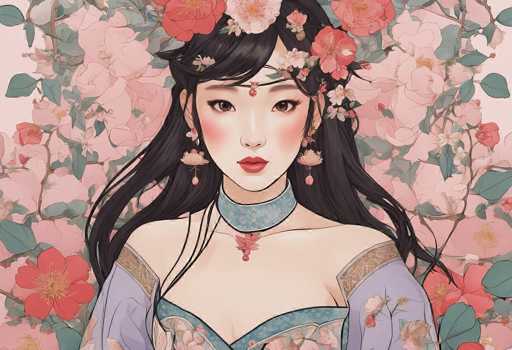 This detailed illustration depicts a young Asian woman, possibly Japanese or Korean, adorned in traditional attire. She has long, flowing black hair that cascades down her back, partially covering her shoulders. Her hair is embellished with an array of flowers, including red roses, pink blossoms, and white flowers, interspersed with green leaves. A headband, adorned with a red jewel, sits elegantly on her forehead, complementing her delicate, dangling earrings that feature floral designs.

Her face is meticulously made up, with striking red lipstick, long eyelashes, and brown eyes that gaze directly at the viewer. She wears a light purple kimono with intricate gold embroidery along the shoulders and a blue collar that matches the blue accents on the chest and waist of the garment. Around her neck, she sports a choker necklace with a red flower centerpiece, adding a touch of regal elegance.

The background is a soft, pastel pink, filled with an abundance of flowers and leaves, creating a serene and harmonious setting that enhances the overall beauty and grace of the subject.