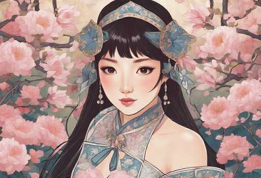 The image depicts a woman with long dark hair wearing a blue headband and a white dress adorned with pink flowers. The background features a garden filled with pink cherry blossoms against a light green color.