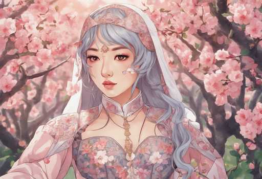 A woman with long hair and blue eyes is standing in front of a tree filled with pink flowers. She is wearing a white headpiece that has a gold chain attached to it. The background features trees with pink flowers, creating a serene and picturesque setting for the woman.