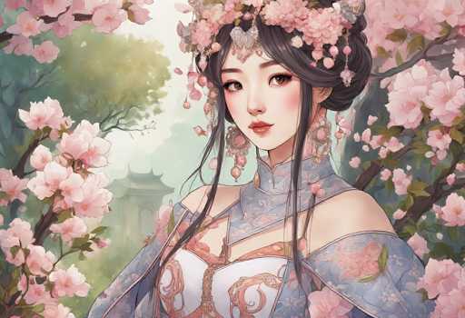 The image depicts a young Asian woman, possibly Japanese or Chinese, standing in a serene garden filled with cherry blossom trees. She is adorned in a traditional kimono, predominantly white with intricate pink and blue floral patterns. Her hair is elegantly styled in a bun, embellished with a delicate floral headdress featuring pink and white blossoms, and she wears long, dangling earrings that complement her attire. The background reveals a traditional pagoda-like building, enhancing the cultural ambiance of the scene. The overall composition exudes a sense of tranquility and timeless beauty, capturing the essence of traditional Asian elegance amidst nature.