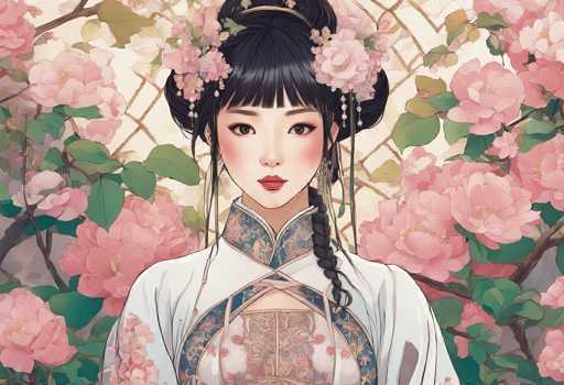 This image is a detailed, computer-generated illustration of a young Asian woman, possibly Japanese or Chinese, dressed in traditional attire. She has long black hair styled with bangs and is adorned with flowers and beads in her hair. Her outfit is a white kimono with intricate blue and pink floral patterns on the collar, sleeves, and front. The kimono features a V-neck with a crisscross pattern and a central opening. She has a pale complexion, rosy cheeks, and wears red lipstick. The background is filled with pink flowers and green leaves, creating a lush, garden-like setting. The woman is looking directly at the viewer, her expression serene and composed.