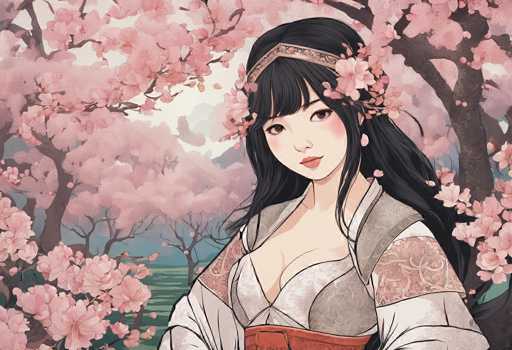 This image is a detailed digital illustration of a young Asian woman, possibly Japanese or Korean, standing in the center of a serene cherry blossom grove. She has long, dark black hair adorned with a gold headband and is wearing a traditional kimono. The kimono features a light gray color with intricate pink floral patterns on the shoulders and sleeves, and a red obi sash around her waist. Her makeup is subtle, with light pink blush and red lipstick, and she gazes directly at the viewer with a calm expression. The background is filled with cherry blossom trees in full bloom, their delicate pink flowers creating a canopy around her. The ground beneath the trees is a mix of green grass and patches of dirt, with a hint of blue sky peeking through the branches. The overall scene exudes a tranquil and picturesque atmosphere, reminiscent of a traditional Japanese painting.