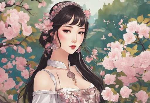 This image is a detailed, computer-generated illustration of a young Asian woman, possibly Japanese or Chinese, set against a serene, natural backdrop. She has long, dark brown hair adorned with pink cherry blossoms and wears a silver headband. Her attire includes a traditional kimono-style dress with a white collar and thin straps, decorated with pink cherry blossoms. A heart-shaped pendant hangs around her neck. The woman's face is delicately made up with pink blush, red lipstick, and brown eyes, and she gazes directly at the viewer. Surrounding her are branches of cherry blossoms, with additional trees and a light blue sky in the background, creating a tranquil and picturesque scene.