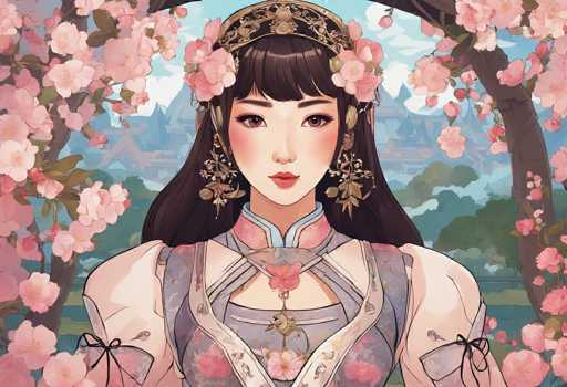 This image is a detailed, computer-generated illustration of a young Asian woman, possibly Japanese or Chinese, set against a serene background of cherry blossom trees. The woman, who has long, dark brown hair with bangs, is adorned with a black and gold crown and matching dangling earrings. Her attire is a traditional kimono, predominantly white with intricate blue and pink floral patterns, and it features a high collar with light blue trim. The kimono's sleeves are puffy and decorated with black bows. She wears red lipstick and has a gentle smile on her face. The background showcases a picturesque scene with cherry blossom trees on either side, a blue sky with white clouds, and distant mountains. The overall composition exudes a tranquil and elegant atmosphere.