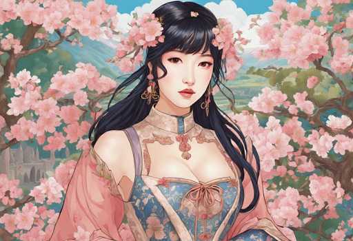 This image is a detailed, computer-generated illustration of a young Asian woman, possibly Japanese or Chinese, standing in front of a cherry blossom tree. She has long, dark black hair adorned with pink flowers and wears a traditional kimono. The kimono features a blue center with white floral patterns and is complemented by a pink shawl draped over her shoulders. Her makeup includes red lipstick, and she wears long, dangling earrings. The background showcases a picturesque landscape with a blue sky, white clouds, and a distant mountain range. To the left, there is a gray stone castle with multiple towers, adding to the serene and classic ambiance of the scene.