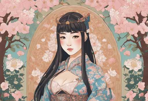 The image depicts a detailed, computer-generated illustration of a young Asian woman, possibly Japanese, set against a serene background. She has long, straight black hair with bangs that frame her face, and a delicate headband adorned with flowers sits atop her head. Her attire is a traditional kimono, featuring a light blue base color with intricate pink and white floral patterns. The kimono is low-cut, revealing a hint of cleavage, and is cinched at the waist with a thick, ornate brown belt. The woman's expression is neutral, with her gaze directed straight ahead. Surrounding her is a picturesque scene of cherry blossom trees in full bloom, their pink and white blossoms interspersed with green leaves. The background is a harmonious blend of light blue sky and a brown, floral-patterned wall, creating a tranquil and elegant atmosphere.