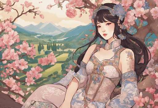 This detailed illustration depicts a young Asian woman, possibly Japanese or Korean, seated on a tree branch adorned with pink cherry blossoms. She has long, dark brown hair with bangs, and her face is framed by a headband featuring a large blue flower. Her attire is a traditional kimono, predominantly white with intricate blue and pink floral patterns, and it has a corset-like bodice. The woman is positioned on the right side of the image, with her body facing left but her head turned towards the viewer, her gaze directed slightly downward. The background showcases a serene landscape with green fields, a river, and distant mountains under a sky with white clouds. The overall scene is rich in detail, capturing the essence of a tranquil, picturesque setting.