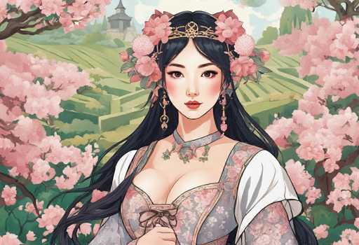 This detailed illustration depicts a young Asian woman, possibly Japanese or Chinese, adorned in traditional attire. She has long, dark black hair that cascades down to her waist, with a few strands playfully blowing in the wind. Her hair is elegantly styled, with a gold headband featuring a circular emblem at the center, and adorned with pink and red flowers on either side. She wears long, dangling earrings that complement her intricate necklace, which is designed to resemble a vine with green leaves and pink flowers.

Her dress is a striking combination of pink and blue, with a deep neckline that reveals a hint of cleavage. The dress is further embellished with a bow at the center of her chest. The sleeves of her dress are white, contrasting beautifully with the floral pattern of the rest of the garment. 

The background sets a serene and picturesque scene, with a sky painted in shades of blue and white. A distant gray building with a pointed roof stands amidst lush greenery, including trees and bushes. The foreground is adorned with vibrant pink flowers, adding to the overall beauty and tranquility of the image.