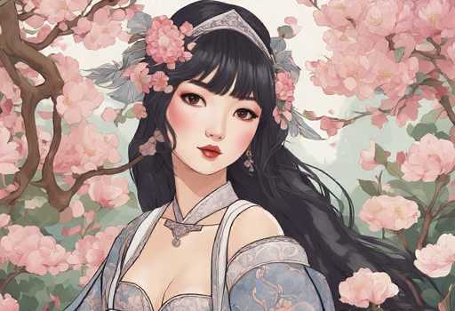 This image is a detailed, computer-generated illustration of a young woman, possibly of Asian descent, set against a backdrop of cherry blossom trees. The woman has long, flowing black hair adorned with pink flowers and green leaves. She wears a light blue, floral-patterned kimono with white straps and a high collar, complemented by a silver necklace. Her makeup includes red lipstick and blush on her cheeks, enhancing her serene expression as she gazes slightly to the left. The background features a white sky and green leaves, with branches of cherry blossoms extending from the top left and right corners, framing her figure. The overall composition is rectangular, with the woman's head centered at the top and her body extending down to the bottom of the image.