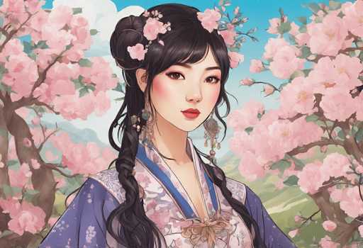 This detailed illustration depicts a young woman of Asian descent, possibly Japanese, standing in a serene cherry blossom grove. She has long, dark hair styled in a half-up, half-down manner, with the top half pulled back into a bun adorned with pink cherry blossoms and green leaves. Two braids cascade down either side of her face, framing her delicate features. Her makeup is subtle yet striking, with light pink blush, dark red lipstick, and brown eyes accentuated by long eyelashes. She wears long, dangly earrings that add to her elegant appearance.

Her attire is a traditional kimono, predominantly white with intricate pink cherry blossom patterns and a blue collar. The kimono is fastened at the front with a large, light pink bow. The background features a clear blue sky with white clouds, and cherry blossom trees in full bloom on either side of her, their branches heavy with pink blossoms. The overall scene exudes a sense of tranquility and natural beauty, capturing the essence of a peaceful spring day in Japan.