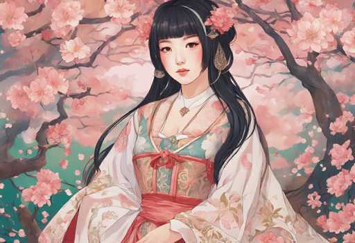 A woman with long black hair and a red and white dress is the central figure in this illustration. She is wearing earrings and has her hair styled in an elegant updo. The background features pink cherry blossoms, adding to the overall beauty of the scene.