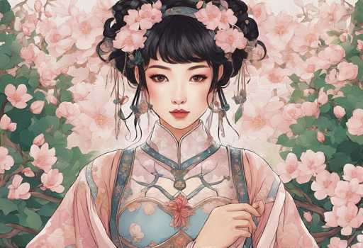 The image depicts a young Asian woman, possibly Japanese or Chinese, adorned in traditional attire. She is dressed in a pink kimono with a blue center, featuring intricate floral patterns and a high collar. The kimono is fastened with a decorative clasp at the neck. Her black hair is styled in an elaborate updo, adorned with pink flowers and a blue headband. She wears long, dangly earrings that complement her elegant appearance. The woman's expression is neutral, and she gazes directly at the viewer. Surrounding her are pink cherry blossoms and green leaves, adding a serene and natural backdrop to the scene. The overall composition suggests a blend of traditional elements with a modern artistic style, possibly created using digital tools like Photoshop or Procreate.