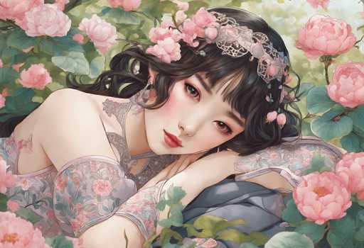 This image portrays a young Asian woman, possibly Japanese, lying on her side amidst a lush bed of pink roses and green leaves. She has long, dark brown hair adorned with a delicate floral crown and wears a sheer, lacy headband. Her attire is a light blue, floral-patterned kimono, with intricate lace detailing on the sleeves. The woman's face is framed by bangs, and she has striking brown eyes, red lips, and a subtle tattoo on her neck. Her expression is serene, with a slight smile as she gazes directly at the viewer. The background is filled with vibrant pink roses and green foliage, creating a dreamy, ethereal atmosphere.