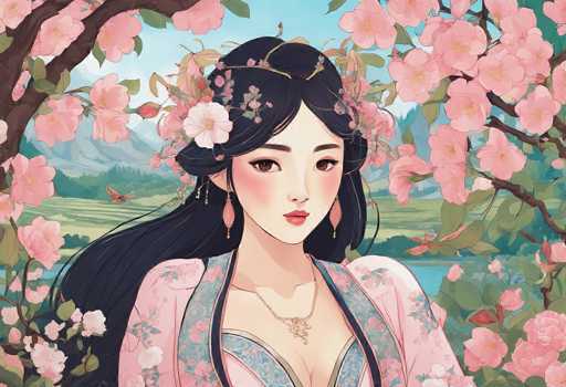 The image depicts a woman with long dark hair wearing traditional Chinese clothing and a headpiece adorned with pink flowers. The background features a lush garden filled with cherry blossom trees and mountains under a clear blue sky.