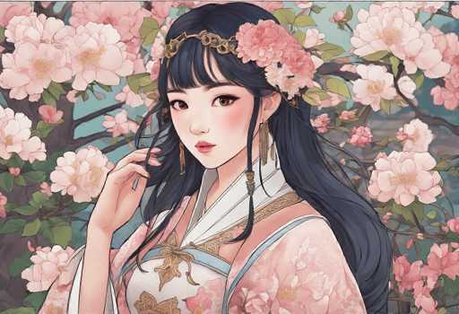 This image features a detailed, artistic drawing of a young Asian woman, possibly Japanese or Korean, with long black hair adorned with a gold headband and flowers. She has brown eyes and is wearing a pink kimono with intricate gold and blue designs, including a white section on the chest. Her right hand is raised near her face, showcasing her pink nails. The background is filled with a tree branch covered in pink and white flowers, set against a light blue sky. The overall composition is vibrant and colorful, with the woman's attire and the floral backdrop creating a harmonious and visually appealing scene.