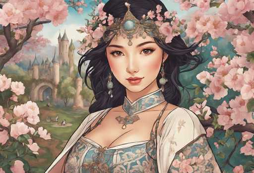 The image is a detailed, computer-generated illustration of an Asian woman with long, wavy black hair adorned with a headpiece featuring a prominent blue jewel. She is wearing a blue and white dress with intricate floral patterns, complemented by a white shawl draped over her shoulders. Her attire includes a necklace with a butterfly pendant and long, dangling earrings with blue jewels. The woman is positioned centrally in the image, gazing directly at the viewer with a slight smile. Surrounding her are cherry blossom trees, their pink blossoms framing the scene. In the background, a majestic castle with blue-tipped towers and a large archway is visible, along with a grassy area where deer are resting. The sky above is a clear blue, adding to the serene and picturesque setting.