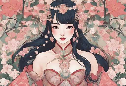 The image portrays a young Asian woman, likely in her late teens or early twenties, with long, flowing black hair adorned with a floral crown. She has striking brown eyes and wears a pinkish-red lipstick that complements her delicate features. Her attire is a traditional kimono, intricately designed with a floral pattern in shades of pink, red, and green, and it features a high collar that extends up to her neck. The kimono is open at the chest, revealing a subtle hint of cleavage. Surrounding her are numerous cherry blossom branches, adding to the serene and ethereal atmosphere of the scene. The background is a harmonious blend of pink, green, and white hues, enhancing the overall aesthetic of the image.