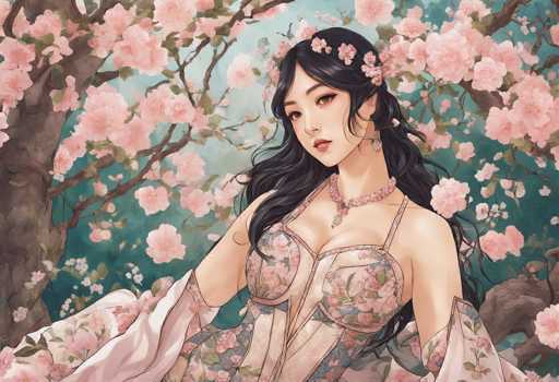 This image is a detailed, computer-generated illustration of a young Asian woman, possibly Japanese or Korean, set against a serene, light blue sky. She has long, wavy black hair adorned with pink flowers and wears a delicate pink choker necklace. Her attire is a traditional kimono, featuring a light pink color with intricate floral patterns in shades of pink, blue, and green. The kimono is sleeveless, with the fabric flowing gracefully around her arms. She is seated in front of a cherry blossom tree, its branches laden with pink blossoms and green leaves. The background is a harmonious blend of blue and green hues, enhancing the tranquil and picturesque setting.