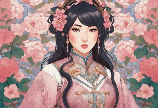 This image features a detailed, computer-generated illustration of an Asian woman, likely of Chinese descent, set against a vibrant background of pink roses and green leaves. The woman has long, dark black hair adorned with pink flowers and a gold headband. Her face is delicately made up with pink blush, red lipstick, and brown eyes, complemented by long, dangling earrings. She wears a traditional Chinese dress that is predominantly pink with intricate blue and gold floral patterns, featuring a high collar and a V-neck. The dress is fastened with a crisscross tie at the front. The background is a harmonious blend of blue and pink hues, enhancing the overall aesthetic of the image.