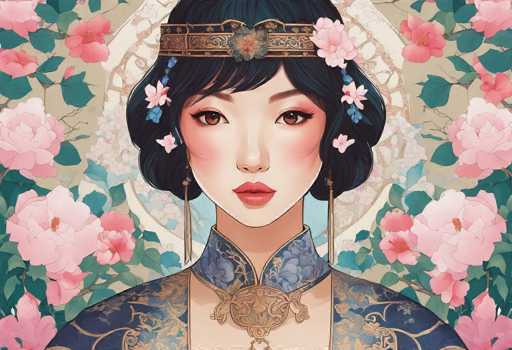 This image portrays a detailed, artistic rendering of an Asian woman, possibly Chinese, adorned in traditional attire. She has short, black hair styled in a bob with bangs, and her face is accentuated with red lipstick, brown eyes, and pink blush on her cheeks. She wears a gold headband with a central flower and intricate designs, from which blue and pink flowers dangle on either side. Her long, dangling earrings feature a gold chain with a tassel. The woman is dressed in a high-collared, blue dress embellished with gold and floral patterns, and a prominent gold medallion rests at the center of her collar. Surrounding her head is a white halo-like ring, and the background is filled with pink flowers and green leaves, adding to the overall ornate and traditional aesthetic of the image.