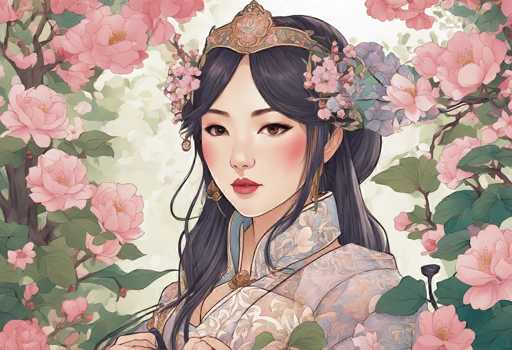 This image is a detailed digital illustration of an Asian woman, likely of Chinese or Japanese descent, set against a white background. She has long, dark hair adorned with pink and purple flowers, and wears a gold headband with a central flower. Her attire is a traditional kimono, predominantly pink with intricate floral patterns, and features a high collar decorated with flowers. The woman's face is delicately made up with red lipstick, blush, and eye makeup, and she wears long, dangling earrings. Surrounding her are branches of cherry blossoms, adding to the serene and elegant atmosphere of the artwork.