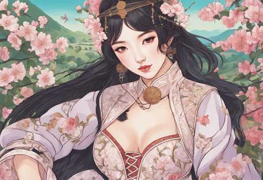 This detailed illustration depicts a young Asian woman, possibly Japanese or Korean, adorned in traditional attire. She has long, flowing black hair that cascades down her back and over her shoulders. Her face is delicately made up, with a soft pink hue on her lips and cheeks, and she has expressive brown eyes. She wears a headband with intricate gold accents and dangling earrings that feature large gold circles.

Her dress is a striking piece, predominantly white with a floral pattern of pink and red flowers, green leaves, and brown stems. The dress has a deep neckline with a lace-up front, secured by red strings, and a high collar that extends up to her neck. The sleeves are long and puffy, adding to the elegance of her outfit.

The background is a serene landscape of rolling green hills and a clear blue sky, dotted with a few clouds. Pink cherry blossom branches frame her on both sides, adding a touch of natural beauty to the scene. The overall composition is rich in detail, capturing the essence of traditional Asian fashion and the tranquility of the natural setting.