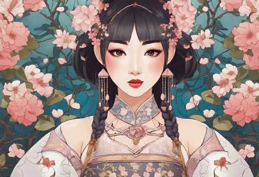 This image portrays a young Asian woman, possibly Japanese or Chinese, adorned in traditional attire. She has long black hair styled into two braids that cascade over her shoulders, with bangs framing her face. Her hair is further embellished with pink and white flowers, which also appear in her earrings. She wears a high-necked kimono or similar traditional dress, predominantly white with intricate floral patterns in shades of pink, blue, and gray. The dress features a V-neck adorned with a pink rose and a gray sash. Her makeup is striking, with bright red lipstick, rosy cheeks, and dark brown eyes. The background is a serene blue, decorated with pink and white flowers and green leaves, enhancing the overall aesthetic of the image.