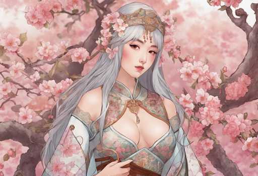 The image depicts a detailed, computer-generated illustration of a young woman of Asian descent, possibly Japanese, standing in front of a cherry blossom tree. The woman has long, flowing gray hair adorned with a gold headband and pink flowers. Her attire is a traditional kimono, predominantly white with intricate pink floral patterns and gold accents. The kimono features a V-neckline that reveals some cleavage, and its sleeves are long and flowing. She holds a brown fan in her right hand, which is positioned near her chest. The background is filled with pink cherry blossoms and green leaves, creating a serene and picturesque setting. The woman's expression is neutral, and she gazes directly at the viewer.