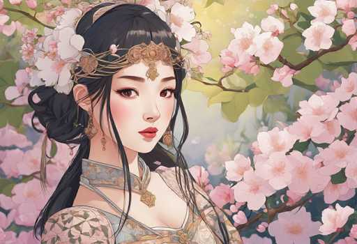 This image portrays a detailed, artistic rendering of a young Asian woman, possibly Japanese or Chinese, set against a backdrop of blooming cherry blossoms. The woman, who appears to be in her late teens or early twenties, has long, dark black hair styled in a bun with a few loose strands framing her face. She wears a delicate, ornate gold headband adorned with flowers and intricate designs, which extends into a necklace featuring a large, square pendant. Her attire is a traditional kimono, primarily light blue with a pattern of green leaves and pink flowers, and it has a high collar. She has striking red lips, brown eyes, and long dangling earrings. The background is filled with pink and white cherry blossoms on brown branches, creating a serene and picturesque setting. The woman is positioned slightly to the left of the image, gazing directly at the viewer, her expression serene and captivating.