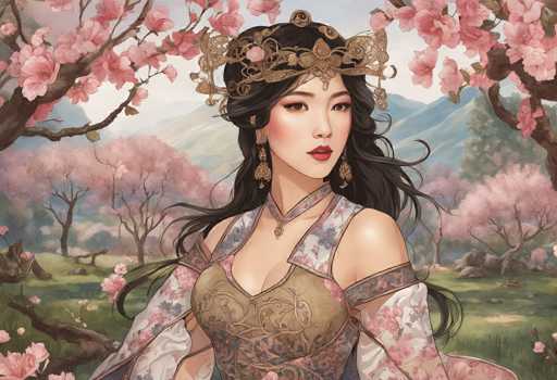 The image depicts a detailed, computer-generated painting of an Asian woman, possibly Japanese or Chinese, standing in a lush, cherry blossom-filled garden. She has long, dark brown hair adorned with a golden crown that features intricate floral designs and extends down to her forehead. Her attire is a traditional kimono, predominantly white with pink cherry blossom patterns, and it has a low-cut neckline. She wears a necklace with a pendant and long, dangling gold earrings. The woman's expression is serene, with her gaze directed slightly to the right. Surrounding her are cherry blossom trees in full bloom, their pink petals scattered on the green grass below. In the background, there are rolling hills and mountains, adding depth to the tranquil scene. The overall color palette of the painting is dominated by soft pinks, greens, and browns, enhancing the serene and picturesque atmosphere.