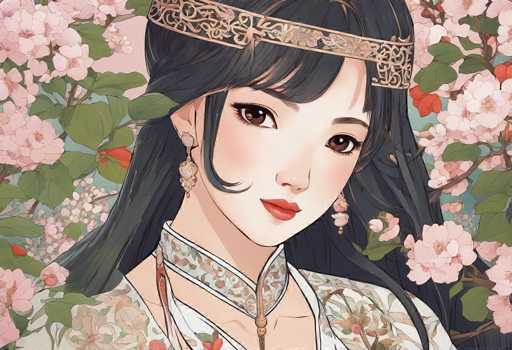 This image is a detailed, computer-generated illustration of a young Asian woman, possibly Japanese or Korean, set against a backdrop of pink cherry blossoms and green leaves. The woman has long, dark black hair with bangs that partially cover her large, expressive brown eyes. She wears a delicate, ornate gold headband with intricate scrollwork, which sits just above her forehead. Her face is adorned with light pink blush and red lipstick, giving her a soft, serene expression as she looks slightly downward to the right. She is dressed in a traditional kimono, predominantly white with a floral pattern featuring pink and red flowers, and a high collar that extends up to her neck. The kimono is fastened with a gold clasp at the front. She also wears elegant, dangling earrings that complement her overall traditional and refined appearance.