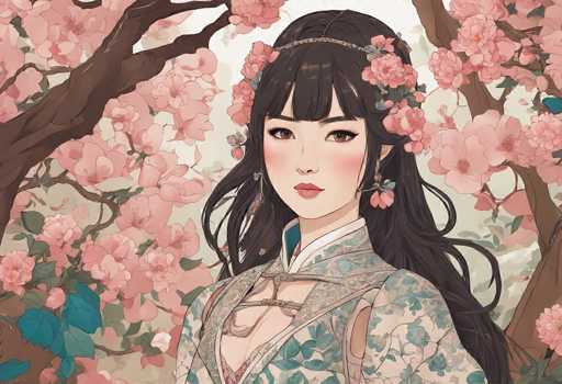This image is a detailed, computer-generated illustration of a young Asian woman, possibly Japanese or Chinese, set against a backdrop of cherry blossom trees. The woman has long, dark brown hair adorned with pink and blue flowers, and she wears a headband that complements her floral earrings. Her attire is a traditional kimono, featuring a light blue and white pattern with intricate details, including a crisscross tie at the chest. She has a serene expression, with her head slightly tilted to the left, and her eyes are accentuated with brown eyeshadow. The background is filled with branches and blossoms of pink and white cherry flowers, creating a harmonious and picturesque scene.