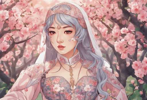 The image portrays a young woman with striking grayish-blue hair, adorned with a delicate headpiece that features a veil cascading down the back of her head. She wears a pink jacket over a grayish-blue dress, both embellished with intricate floral patterns. A prominent gold chain drapes from her neck, adding a touch of elegance to her attire. Her face is framed by long, dark eyelashes and a pair of expressive brown eyes. A distinctive gold ornament rests on her forehead, just above her nose, drawing attention to her serene expression. The background is a picturesque scene of cherry blossom trees in full bloom, their pink blossoms contrasting beautifully with the lush green leaves. The ground beneath is covered in vibrant green grass, completing the tranquil and enchanting setting.