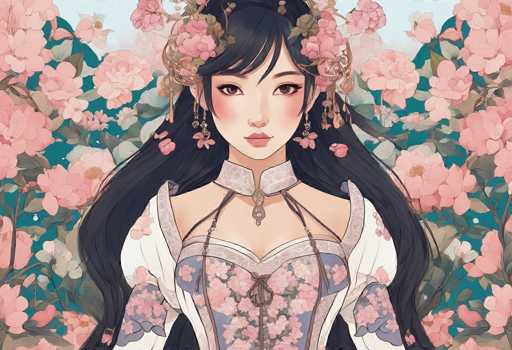 The image portrays a young Asian woman, possibly Japanese, with long, flowing black hair adorned with pink flowers and green leaves. She has a serene expression, with her eyes open and looking slightly to the right. Her face is framed by delicate pink blush on her cheeks and pink lips. She wears a traditional Japanese kimono, predominantly white with intricate patterns of pink flowers and green leaves, and a blue section in the middle. The kimono features a high collar and a string tie at the chest. She also has long, dangling earrings that resemble flowers. The background is a soft, light blue sky filled with pink flowers and green leaves, creating a harmonious and tranquil atmosphere.