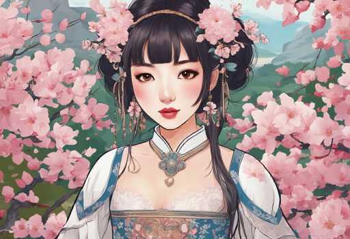 The image depicts a young Asian woman, possibly Japanese or Chinese, adorned in traditional attire. She has long black hair styled with bangs and is elegantly pulled up into a bun. Her hair is accessorized with a gold headband and decorated with pink cherry blossom flowers and green leaves. She wears long, dangling earrings that feature similar floral designs. Her outfit consists of a blue and white dress with intricate floral patterns, complemented by a white lacy bodice and a blue corset. A white collar with a gold trim adds to the elegance of her ensemble. The background showcases a serene landscape with cherry blossom trees in full bloom, set against a backdrop of green grass, distant mountains, and a clear blue sky. The overall scene exudes a sense of tranquility and natural beauty.