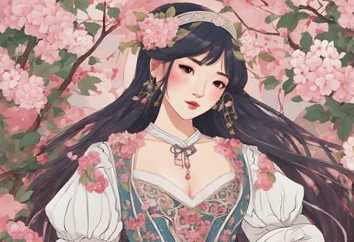 The image depicts a young Asian woman with long, flowing black hair adorned with a silver headband. She is wearing a traditional Japanese kimono, which features a blue and white color scheme with intricate floral patterns. The kimono has puffy sleeves and a V-neckline, accentuated by a delicate bow at the top. Her makeup is subtle, with pink blush on her cheeks and red lipstick, complementing her dark brown eyes. She is surrounded by a lush background of cherry blossom branches, with pink flowers and green leaves framing her on all sides. The overall scene exudes a serene and elegant atmosphere, highlighting the beauty of both the woman and the natural setting.