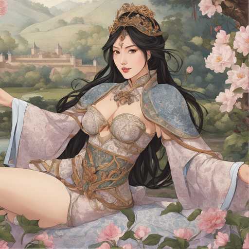 A woman with long dark hair is depicted wearing a blue and gold dress adorned with intricate gold designs. She is seated on a bed covered with white sheets and surrounded by pink flowers. The background features a castle nestled among trees, suggesting an idyllic setting for the scene.