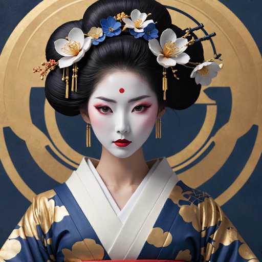 This image depicts a young Asian woman, possibly Japanese or Korean, adorned in traditional attire. She is wearing a navy blue kimono with gold cloud patterns and white trim around the collar and lapels. Her face is painted white with a red dot on her forehead, and she has striking red lipstick and dramatic eye makeup, including red eyeshadow and black eyeliner. Her black hair is styled in an elaborate updo, adorned with white and blue flowers, and she wears long, dangling gold earrings. The background features a navy blue wall with a gold circular emblem, adding to the traditional and regal atmosphere of the portrait.