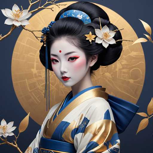 This image depicts a traditional Japanese geisha, adorned in an exquisite white kimono with intricate blue and gold patterns. The kimono features a prominent blue collar and a matching blue sash that cinches at her waist. The fabric appears to be made of a luxurious, silky material, adding to the elegance of her attire. 

Her hair is styled in a classic updo, with a blue hair clip securing it at the back. She wears a striking red dot on her forehead, known as a "kamikaze," and her face is painted with a pale white makeup, accentuated by bold red lipstick and dramatic red eye shadow. Her cheeks are blushed with a soft pink hue, adding a touch of warmth to her serene expression.

In her hair, she has adorned herself with a white flower and a gold leaf, enhancing her ethereal appearance. The background features a large, golden circle with intricate designs, set against a dark blue backdrop. Surrounding her are delicate branches with white flowers and golden leaves, adding to the overall regal and traditional aesthetic of the scene.