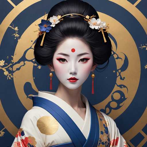 This image features a strikingly beautiful young Asian woman, possibly Japanese or Chinese, adorned in traditional attire. She wears a white kimono with intricate blue and gold accents, including a prominent gold circle on the shoulder and a blue sash. Her hair is elegantly styled in a bun, adorned with a gold headband and white and blue flowers. A red dot, known as a bindi, is centered on her forehead, and she has red eye makeup and lipstick that accentuates her features. She also wears long, dangling earrings with gold balls and red tassels. The background is a deep blue with a gold circle, adding to the overall regal and traditional aesthetic of the image.