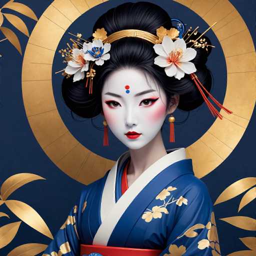 This image portrays a strikingly beautiful geisha adorned in traditional attire. Her face is painted a pristine white, accentuated by a vibrant red dot on her forehead, flanked by a smaller blue dot above it. Her cheeks are delicately blushed, and her lips are painted a bold red. She wears elegant gold earrings with dangling red tassels. Her black hair is styled in an elaborate updo, adorned with a gold headband and a variety of flowers, including white and blue blossoms, as well as red tassels. She is dressed in a flowing blue kimono embellished with gold floral patterns, and a red sash cinches her waist. The background features a dark blue hue with intricate gold designs, including a prominent gold circle behind her head and golden leaves in the corners, enhancing the overall regal and ornate aesthetic of the image.