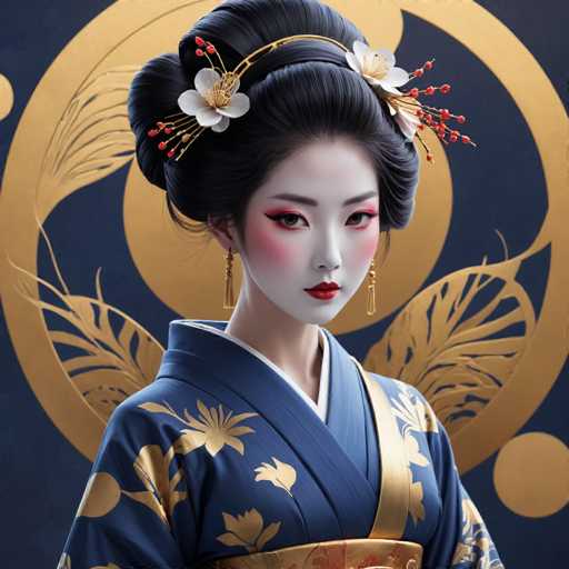 The image depicts a strikingly beautiful geisha adorned in traditional attire. Her face is painted a pristine white, accentuated by bold red lipstick and dramatic eye makeup, including red eyeliner and eyeshadow. Her cheeks are blushed with a soft pink hue, complementing her elegant appearance. She wears long, dangling gold earrings that add a touch of opulence to her ensemble.

Her hair is styled in an intricate updo, with a large bun at the back of her head. The bun is adorned with white flowers and delicate gold branches, creating a harmonious blend of colors and textures. The geisha is dressed in a dark blue kimono, intricately patterned with gold flowers and leaves. A gold sash cinches her waist, adding to the overall elegance of her outfit.

The background features a dark blue wall decorated with a large gold circle. Within this circle, there are smaller gold circles and intricate designs resembling leaves or feathers, enhancing the image's aesthetic appeal. The geisha's gaze is directed towards the camera, exuding confidence and grace.