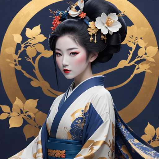 The image depicts a young Asian woman, possibly Japanese or Korean, dressed in a traditional kimono. She stands in front of a dark blue background adorned with a large gold circle and intricate gold branches with leaves. Her black hair is styled in an elaborate updo, adorned with white flowers, gold leaves, and red flowers. She has striking red lipstick, dark eyes, and long eyelashes, with her face painted in a pale white shade, accentuated by red blush. The kimono she wears is predominantly white with blue and gold floral patterns, and it features a blue collar and a blue sash around her waist. The overall composition highlights the intricate details of her attire and the ornate background, creating a visually captivating portrait.
