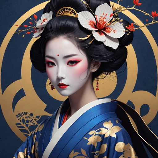 This image depicts a highly detailed, computer-generated portrait of a young Asian woman, possibly Japanese or Chinese, adorned in traditional attire. She is dressed in a blue kimono or robe, intricately decorated with gold floral patterns. Her hair is styled in an elaborate updo, featuring a gold comb and a gold ring at the top, with white flowers and red branches woven into it. A red dot adorns her forehead, and her face is painted white with striking red eye shadow, red lipstick, and rosy cheeks. She wears long, dangling red earrings. The background is a dark blue with a gold circular pattern, adding to the overall regal and traditional aesthetic of the image.