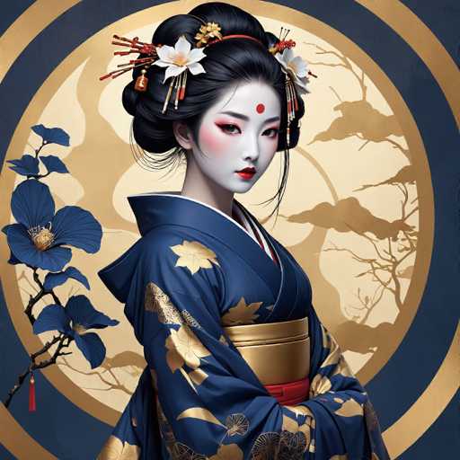 The image depicts a traditional Japanese geisha adorned in a stunning blue kimono embellished with intricate gold floral patterns. Her face is painted a pristine white, accentuated by a striking red dot centered on her forehead. She wears vibrant red lipstick and eye shadow that enhances her expressive eyes. Her black hair is elegantly styled into a bun, adorned with white flowers and red chopsticks, adding to her refined appearance. The geisha stands against a backdrop featuring a large, circular design with a blue outer ring and a gold inner ring, which is further decorated with delicate gold branches and flowers. To her left, a blue flower with a black stem adds a touch of natural beauty to the scene. The overall composition exudes a sense of grace and cultural richness, capturing the essence of traditional Japanese artistry.