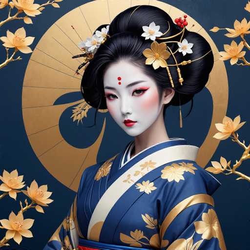 This image depicts a highly detailed, AI-generated portrayal of a geisha set against a dark blue background. The geisha is adorned in a traditional blue kimono, intricately decorated with gold floral patterns and a white sash. Her black hair is elegantly styled into a large bun, embellished with white and gold flowers, and a striking red gem. Her face is painted in a classic geisha style, featuring white makeup, red lipstick, and distinctive red dots on her forehead. Surrounding her are delicate gold branches with light orange flowers, adding to the ornate and traditional aesthetic. Behind her, a large gold fan with a blue center and radiating lines further enhances the image's depth and cultural richness.