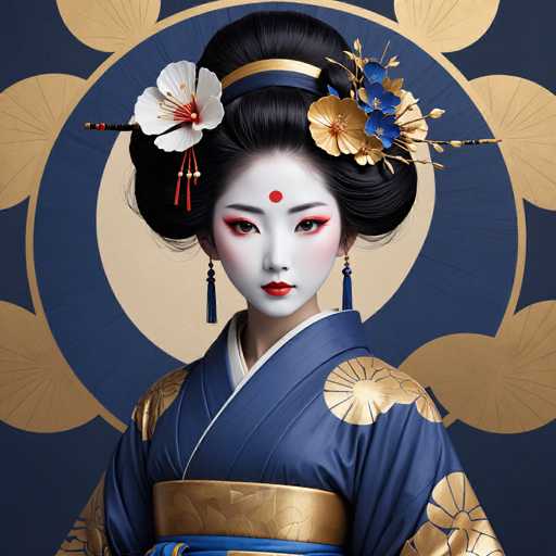 This image features a strikingly beautiful geisha adorned in traditional attire. Her face is painted a pristine white, accentuated by a small red dot on her forehead, known as a "mochi." Her eyes are framed with bold red eyeliner, and her lips are painted a vivid red, adding to her captivating appearance. She wears elegant blue tassels hanging from her ears, and her hair is styled in an elaborate updo, adorned with a gold band and a blue band. The hair is further embellished with an array of flowers, including white, blue, and gold blooms, as well as a few unopened buds.

Her attire is a stunning blue kimono, intricately decorated with gold floral patterns. The kimono features a prominent gold band around the waist, followed by a blue band and another gold band, creating a harmonious blend of colors and textures. The background complements her attire, with a blue backdrop adorned with gold floral designs, enhancing the overall elegance of the scene.