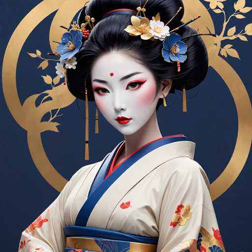 This image portrays a young Asian woman, likely of Japanese descent, adorned in traditional attire. She is dressed in a white kimono embellished with intricate floral patterns in shades of blue, gold, and red. The kimono features a blue collar and a matching blue sash, which is further accentuated by a gold band. Her hair is elegantly styled in a bun, adorned with blue and white flowers, and she wears gold tassel earrings. Her face is painted white, with striking red lipstick, and she has a red dot on her forehead, possibly indicating cultural or religious significance. The background is a dark blue, featuring a gold tree and a circular emblem, adding to the overall regal and traditional aesthetic of the image.
