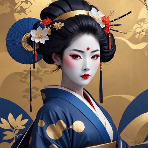 This image depicts a highly detailed, computer-generated portrayal of a geisha, set against a golden background adorned with blue and gold floral patterns. The geisha is positioned in a three-quarter profile, facing the right side of the image, with her head turned slightly towards the viewer. Her skin is very pale, accentuated by a red dot on her forehead, and she has striking red lips and eyes. Her black hair is styled in an elaborate updo, adorned with a gold headband, red flowers, and blue and gold tassels. She wears a traditional blue kimono with gold accents, and a red undershirt is visible beneath the open kimono. A blue fan with gold detailing is positioned behind her, adding to the intricate and ornate nature of the scene.